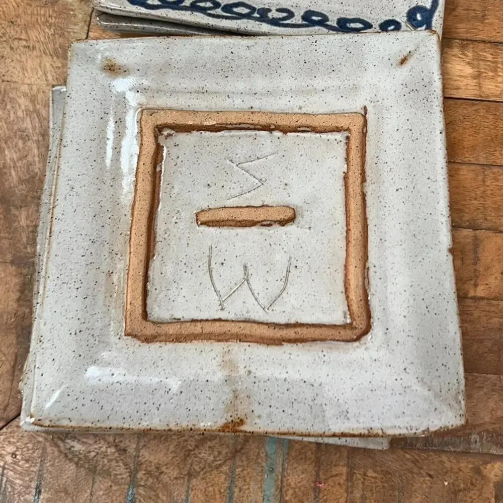 7 Art Studio Pottery Square Plates 9x9 in Blue Swirl Edge Rustic Speckled Rustic